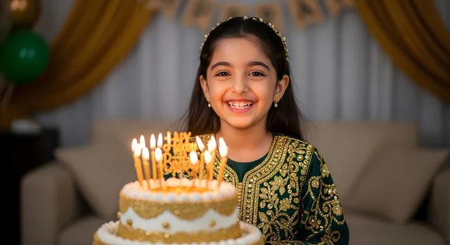قضاء أوقات ممتعه والاستمتاع بأعياد الميلاد والمناسبات العائلية, فتاة عربية خليجية سعودية ترتدي فستان تقليدي تقف امام قالب الكيك المزين والمضاء بالشموع, تعابير وايماءات السعادة والسرور