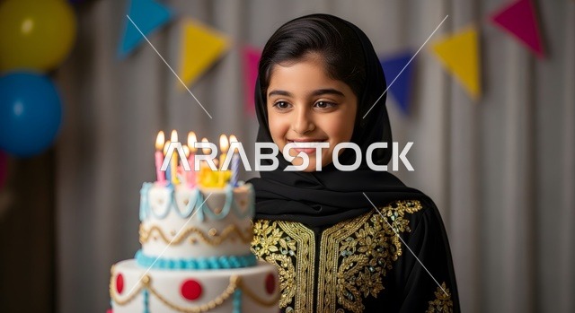 قضاء أوقات ممتعه والاستمتاع بأعياد الميلاد والمناسبات العائلية, فتاة عربية خليجية سعودية ترتدي فستان تقليدي تقف امام قالب الكيك المزين والمضاء بالشموع, تعابير وايماءات السعادة والسرور
