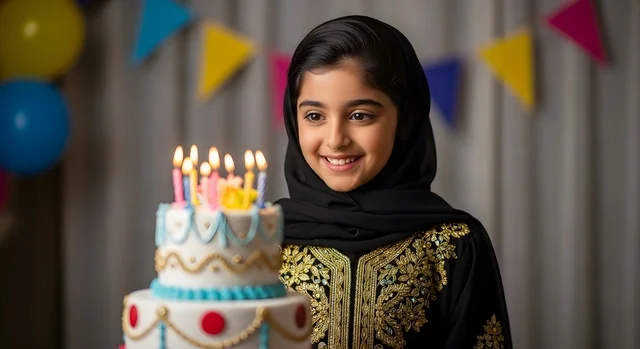 قضاء أوقات ممتعه والاستمتاع بأعياد الميلاد والمناسبات العائلية, فتاة عربية خليجية سعودية ترتدي فستان تقليدي تقف امام قالب الكيك المزين والمضاء بالشموع, تعابير وايماءات السعادة والسرور