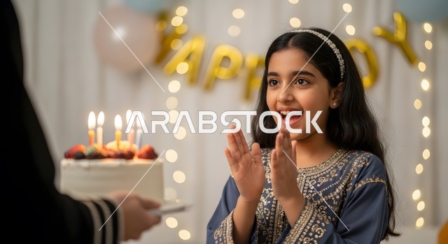 قضاء أوقات ممتعه والاستمتاع بأعياد الميلاد والمناسبات العائلية, فتاة عربية خليجية سعودية ترتدي فستان تقليدي تقف امام قالب الكيك المزين والمضاء بالشموع, تعابير وايماءات السعادة والسرور