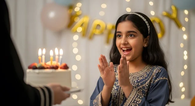 قضاء أوقات ممتعه والاستمتاع بأعياد الميلاد والمناسبات العائلية, فتاة عربية خليجية سعودية ترتدي فستان تقليدي تقف امام قالب الكيك المزين والمضاء بالشموع, تعابير وايماءات السعادة والسرور