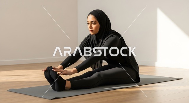 القيام بالتمارين والأنشطة الجسديةوالبدنية، امرأة عربية خليجية سعودية محجبة ترتدي الملابس الرياضية تقوم بممارسة تمارين رياضية عالية الكثافة في المنزل، أسلوب حياة صحي، الاهتمام بالصحة واللياقة