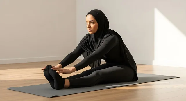 القيام بالتمارين والأنشطة الجسديةوالبدنية، امرأة عربية خليجية سعودية محجبة ترتدي الملابس الرياضية تقوم بممارسة تمارين رياضية عالية الكثافة في المنزل، أسلوب حياة صحي، الاهتمام بالصحة واللياقة