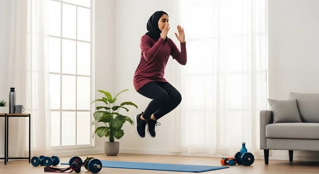 القيام بالتمارين والأنشطة الجسديةوالبدنية، امرأة عربية خليجية سعودية محجبة ترتدي الملابس الرياضية تقوم بممارسة تمارين رياضية عالية الكثافة في المنزل، أسلوب حياة صحي، الاهتمام بالصحة واللياقة
