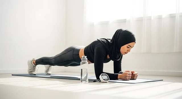 The necessity of drinking water during exercise, doing exercises and physical activities, a veiled Saudi Arabian Gulf woman wearing sportswear practicing the plank exercise on a sports mat, practicing high-intensity exercises at home, a healthy lifestyle, taking care of health and fitness