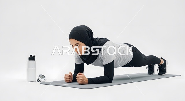 ضرورة شرب الماء اثناء الرياضة، القيام بالتمارين والأنشطة الجسديةوالبدنية، امرأة عربية خليجية سعودية محجبة ترتدي الملابس الرياضية تمارس تمرين البلانك على بساط رياضي، ممارسة تمارين رياضية عالية الكثافة في المنزل، أسلوب حياة صحي، الاهتمام بالصحة واللياقة