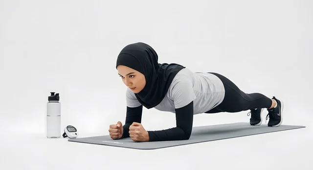 ضرورة شرب الماء اثناء الرياضة، القيام بالتمارين والأنشطة الجسديةوالبدنية، امرأة عربية خليجية سعودية محجبة ترتدي الملابس الرياضية تمارس تمرين البلانك على بساط رياضي، ممارسة تمارين رياضية عالية الكثافة في المنزل، أسلوب حياة صحي، الاهتمام بالصحة واللياقة