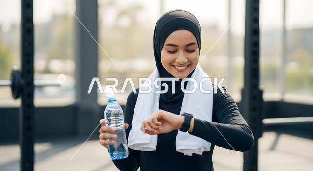 ضرورة شرب الماء اثناء الرياضة، القيام بالتمارين والأنشطة الجسدية، امرأة عربية خليجية سعودية محجبة ترتدي الملابس الرياضية تقوم بالنظر إلى ساعتها الذكية، ممارسة تمارين رياضية عالية الكثافة في صالة الالعاب الرياضية، أسلوب حياة صحي، الاهتمام بالصحة واللياقة