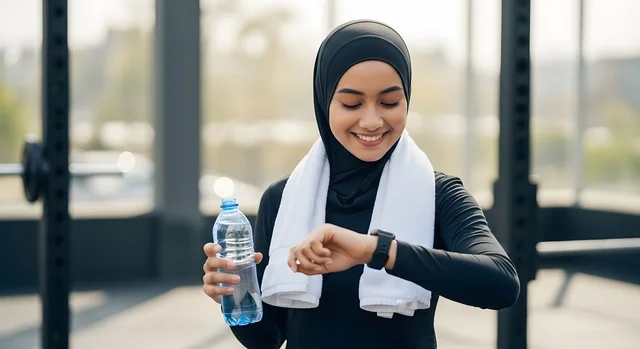 ضرورة شرب الماء اثناء الرياضة، القيام بالتمارين والأنشطة الجسدية، امرأة عربية خليجية سعودية محجبة ترتدي الملابس الرياضية تقوم بالنظر إلى ساعتها الذكية، ممارسة تمارين رياضية عالية الكثافة في صالة الالعاب الرياضية، أسلوب حياة صحي، الاهتمام بالصحة واللياقة