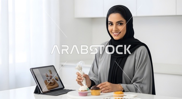 Delicious sweets and desserts, a Saudi Arabian Gulf woman decorating cupcakes via live broadcast on a mobile tablet, the skill of making sweets, enjoying making food, filming an educational video for food recipes