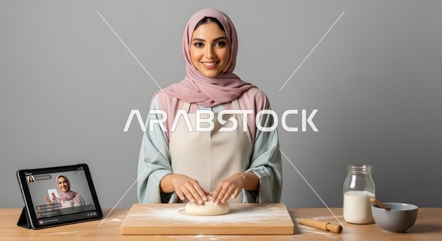 حلويات وسكريات شهية، امرأه عربيه سعوديه خليجيه تقوم بصنع المخبوزات عبر بث مباشر على التابليت المحمول, مهارة صنع الحلوى، الإستمتاع في صنع الطعام، تصوير فيديو تعليمي لوصفات الاطعمة