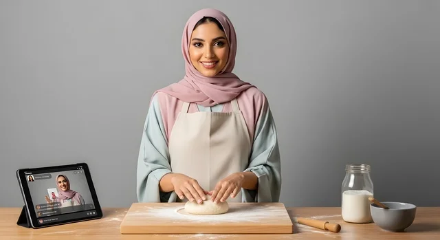 حلويات وسكريات شهية، امرأه عربيه سعوديه خليجيه تقوم بصنع المخبوزات عبر بث مباشر على التابليت المحمول, مهارة صنع الحلوى، الإستمتاع في صنع الطعام، تصوير فيديو تعليمي لوصفات الاطعمة