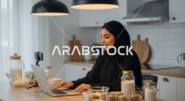 حلويات وسكريات شهية، امرأه عربيه سعوديه خليجيه تقوم باستخدام الحاسوب المحمول في المطبخ, مهارة صنع الحلوى، الاستمتاع في صنع الطعام، مشاهدة فيديو تعليمي لوصفات الاطعمة