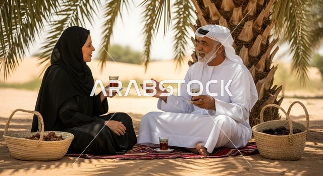 جلسة هادئة في الصحراء تحت شجرة النخيل، زوجان عربيان خليجيان اماراتيان يرتديان الزي التقليدي يقومان بشرب الشاي واكل التمر، مفهوم الالفة والمحبة بين الازواج، قضاء وقت ممتع في الطبيعة