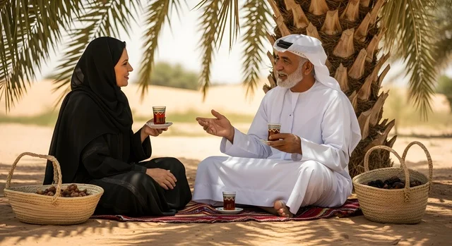 جلسة هادئة في الصحراء تحت شجرة النخيل، زوجان عربيان خليجيان اماراتيان يرتديان الزي التقليدي يقومان بشرب الشاي واكل التمر، مفهوم الالفة والمحبة بين الازواج، قضاء وقت ممتع في الطبيعة