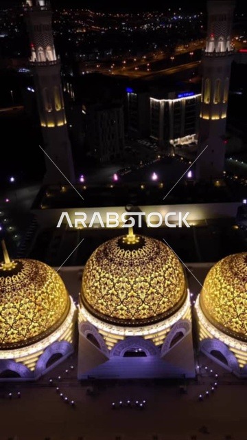 أماكن ومعالم إسلامية دينية مقدسة مشهورة في سلطنة عمان، العبادة والتقرب الى الله، أداء الفرائض الدينية، الفن الهندسي المعماري الاسلامي الحديث لمساجد محافظة مسقط، صورة جوية لقبب جامع محمد الأمين المضاءة في وقت الليل في ولاية بوشر
