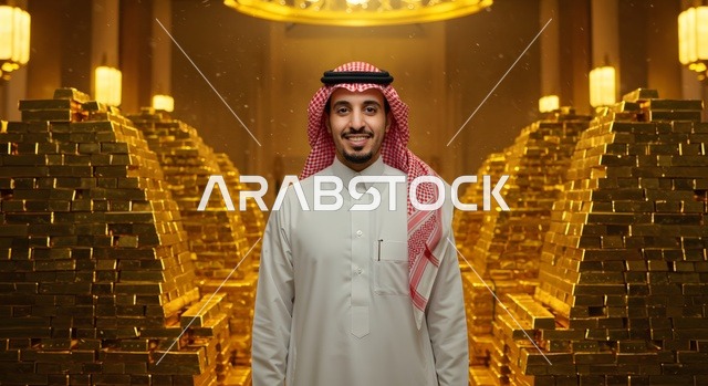 الثروات الباطنية الثمينة في المملكة العربية السعودية, رجل عربي خليجي سعودي يرتدي الثوب والشماغ التقليدي يقف أمام كوم من السبائك الذهبية, رموز النهضة بالاقتصاد الوطني في البلاد، البترول والذهب أساس التقدم والتطور، إيماءات السعادة والسرور بالغنى والثراء
