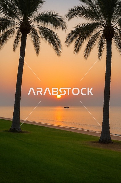 Al Ghubrah Beach in Muscat at sunset, enjoying the summer atmosphere, trips to coastal areas, interest in planting palm trees in tourist areas, beaches and waterfronts in the Sultanate of Oman