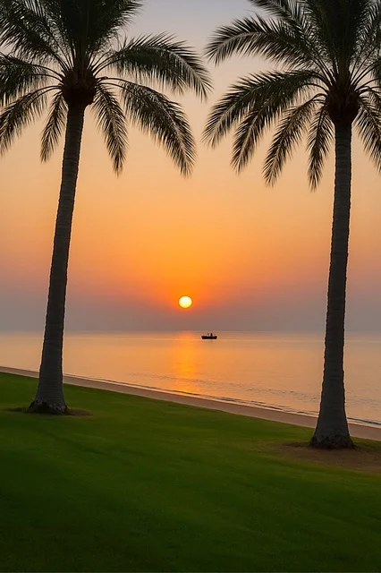 شاطئ الغبرة في مسقط في وقت غروب الشمس، الاستمتاع بالاجواء الصيفية، الرحلات الى المناطق الساحلية، الاهتمام بزراعة اشجار النخيل في الأماكن السياحية، السواحل الشاطئية والواجهة البحرية في سلطنة عمان