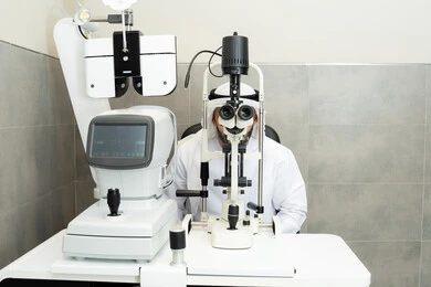 التأكد من صحة البصر ، رجل عربي خليجي اماراتي يقوم بفحص عينيه بجهاز المنظار العيني، تشخيص وتحديد المشاكل البصرية، مفهوم الخدمات والرعاية الصحية في المشافي والمراكز الطبية، تقييم مدى الرؤية والكشف عن الامراض العينية ،استخدام الأجهزة الحديثة المتطورة