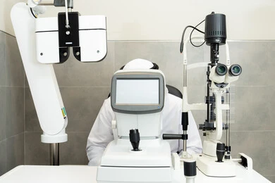 استخدام الأجهزة الحديثة المتطورة، رجل عربي خليجي اماراتي يقوم بفحص عينيه بجهاز المنظار العيني، تشخيص وتحديد المشاكل البصرية، التأكد من صحة البصر ،تقييم مدى الرؤية والكشف عن الامراض العينية ، مفهوم الخدمات والرعاية الصحية في المشافي والمراكز الطبية