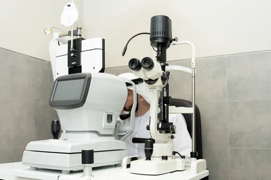 Ensuring the accuracy of vision, assessing the extent of vision and detecting eye diseases, the concept of services and healthcare in hospitals and medical centers, an Arab Gulf Emirati man examining his eyes with an ophthalmoscope, diagnosing and identifying visual problems, using advanced modern devices.