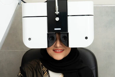 An Arab Gulf Emirati woman is examining her eyes with an ophthalmoscope, diagnosing and identifying visual problems, using advanced modern devices. A Saudi woman is ensuring the health of her vision, assessing the extent of vision and detecting eye diseases, the concept of services and healthcare in hospitals and medical centers.