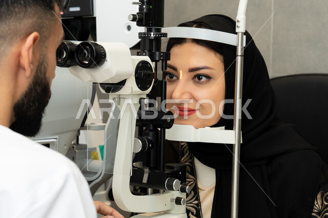 تقييم مدى الرؤية والكشف عن الامراض العينية، مفهوم الخدمات والرعاية الصحية في المشافي والمراكز الطبية ، تشخيص وتحديد المشاكل البصرية، استخدام الأجهزة الحديثة المتطورة، طبيب عربي خليجي اماراتي يقوم بفحص عينى امراه اماراتية بجهاز المنظار العيني
