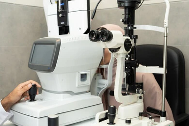 Assessment of visual acuity and detection of eye diseases, diagnosis and identification of visual problems, use of advanced modern devices, an Arab Gulf Emirati woman examining her eyes with an ophthalmoscope, the concept of health services and care in hospitals and medical centers, a Saudi woman ensuring the health of her vision.