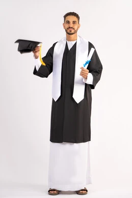 Preparing to throw the hat up with expressions of pleasure and joy, quality of education in the Emirates, feeling proud and happy to reach the dream of graduation, portrait of a young Arab Gulf Emirati graduate wearing an abaya holding a certificate in his hand, celebrating the completion of the university stage, full body, white background