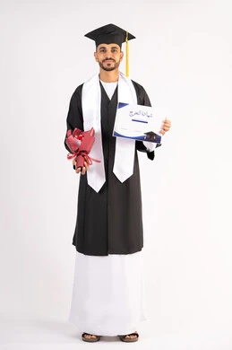 Feeling proud and confident, receiving a certificate with expressions of joy and happiness, celebrating success and completing university studies, the concept of excellence and diligence, a portrait of an Arab Gulf Emirati graduate wearing a graduation cap and gown taking a bouquet of flowers with gestures of happiness, white background