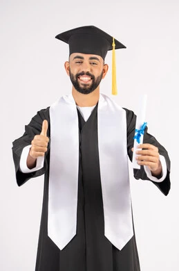 Admiration, pleasure and satisfaction, holding a certificate with expressions of joy and victory, celebrating success and completing university studies, the concept of excellence and diligence, portrait of an Arab Gulf Emirati graduate wearing a graduation cap and gown, standing straight with gestures of happiness, white background