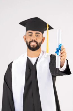 Feeling proud and confident, celebrating success and completing university studies, the concept of excellence and diligence, a portrait of an Arab Gulf Emirati graduate wearing a graduation cap and gown, standing straight with happy gestures, holding a certificate with expressions of joy and happiness, white background