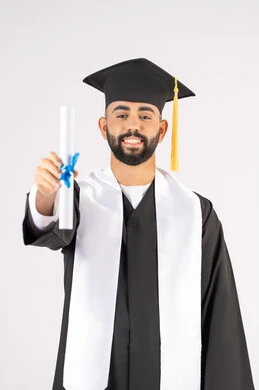 Feeling proud and confident, celebrating success and completing university studies, the concept of excellence and diligence, a portrait of an Arab Gulf Emirati graduate wearing a graduation cap and gown, standing straight with happy gestures, holding a certificate with expressions of joy and happiness, white background