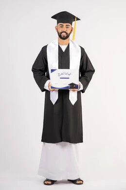 Expressions of happiness and joy, achieving the dream of success, university occasion and celebration, celebration of completing university studies, concept of diligence and excellence, portrait of a smiling young Arab Gulf Emirati graduate wearing a graduation gown holding a certificate in his hand, full body, white background