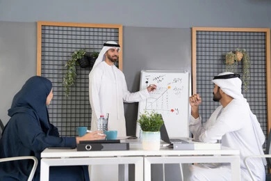 استخدام السبورة لضمان فهم واضح وشامل للاعمال، مجموعة من الموظفين العرب الخليجيين الاماراتيين يعقدون اجتماع داخل مقر الشركة، تعلم اساليب العمل والتطوير المهني، العمل الجماعي وروح الفريق، التفاهم والتعاون بين الزملاء ووضع الخطط الاستراتيجية لتحقيق الأهداف