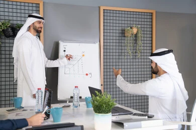 وضع الخطط الاستراتيجية لتحقيق الأهداف، استخدام السبورة لضمان فهم واضح وشامل للاعمال، عقد اجتماع داخل مقر الشركة، مجموعة من الموظفين العرب الخليجيين الاماراتيين يتعلمون اساليب العمل والتطوير المهني، روح الفريق الواحد والعمل الجماعي، التعاون والتفاهم بين الزملاء