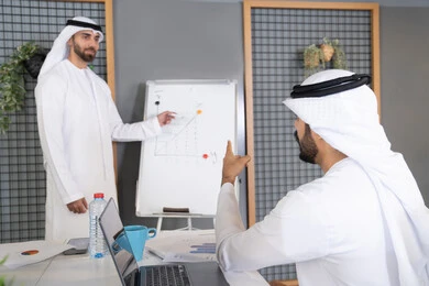 عقد اجتماع داخل مقر الشركة، مجموعة من الموظفين العرب الخليجيين الاماراتيين يتعلمون اساليب العمل والتطوير المهني، العمل الجماعي وروح الفريق، التفاهم والتعاون بين الزملاء ووضع الخطط الاستراتيجية لتحقيق الأهداف، استخدام السبورة لضمان فهم واضح وشامل للاعمال