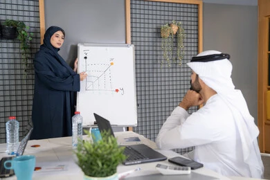 وضع الخطط الاستراتيجية لتحقيق الأهداف، استخدام السبورة لضمان فهم واضح وشامل للاعمال، عقد اجتماع داخل مقر الشركة، مجموعة من الموظفين العرب الخليجيين الاماراتيين يتعلمون اساليب العمل والتطوير المهني، روح الفريق الواحد والعمل الجماعي، التعاون والتفاهم بين الزملاء
