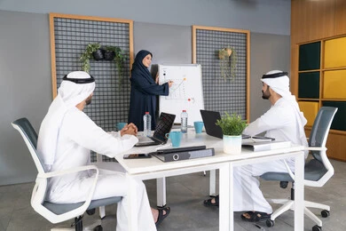 مجموعة من الموظفين العرب الخليجيين الاماراتيين يعقدون اجتماع داخل مقر الشركة، تعلم اساليب العمل والتطوير المهني، العمل الجماعي وروح الفريق، التفاهم والتعاون بين الزملاء ووضع الخطط الاستراتيجية لتحقيق الأهداف، استخدام السبورة لضمان فهم واضح وشامل للاعمال