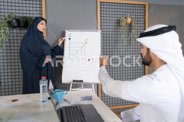 Using the whiteboard to ensure a clear and comprehensive understanding of the business, a group of Arab Gulf Emirati employees hold a meeting at the company's headquarters, learning work methods and professional development, teamwork and team spirit, understanding and cooperation among colleagues, and developing strategic plans to achieve goal