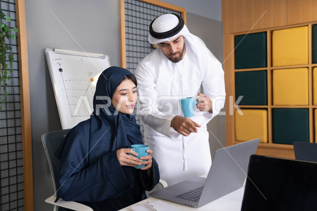 العمل الجماعي وروح الفريق الواحد، بيئة العمل المريحة في الامارات، تعليم الموظفين الأساليب الجديدة في العمل لتحقيق أهداف الشركة، دمج العمل مع التقنية والتكنولوجيا، زميلان عربيان خليجيان اماراتيان يقومان بإنجاز المهام عبر الحاسوب المحمول، الاشارة الى اللابتوب