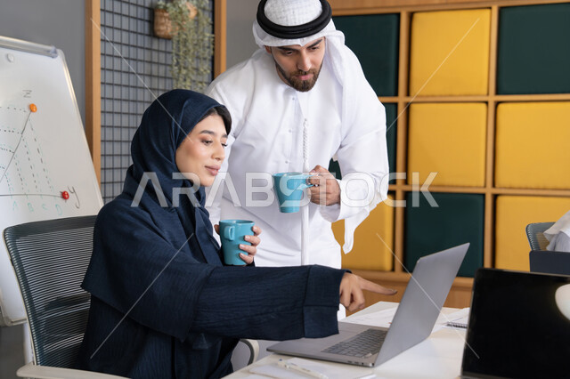 تعليم الموظفين الأساليب الجديدة في العمل لتحقيق أهداف الشركة، دمج العمل مع التقنية والتكنولوجيا، زميلان عربيان خليجيان اماراتيان يقومان بإنجاز المهام عبر الحاسوب المحمول، الاشارة الى اللابتوب، العمل الجماعي وروح الفريق الواحد، بيئة العمل المريحة في الامارات