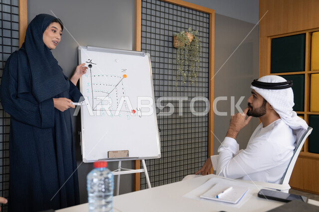 Organization and strategic planning to achieve goals, using the whiteboard to ensure a clear and comprehensive understanding of the business, holding a meeting within the company's headquarters, a group of Arab Gulf Emirati employees learning work methods and professional development, team spirit and teamwork, cooperation and understanding among colleagues