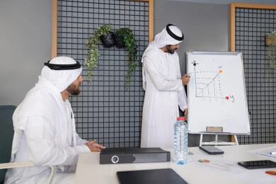 الشرح على السبورة لضمان فهم واضح وشامل للاعمال، عقد اجتماع داخل مقر الشركة، رجل عربي خليجي اماراتي يرتدي الغترة والكندورة يقوم بتعليم اساليب العمل والتطوير المهني، التعاون والتفاهم بين الزملاء، التنظيم والتخطيط الاستراتيجي لتحقيق الأهداف