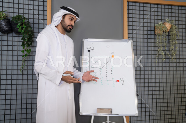 Explaining on the board to ensure a clear and comprehensive understanding of the business, holding a meeting inside the company headquarters, an Arab Gulf Emirati man wearing a ghutra and kandura teaching work methods and professional development, cooperation and understanding between colleagues, organization and strategic planning to achieve goals