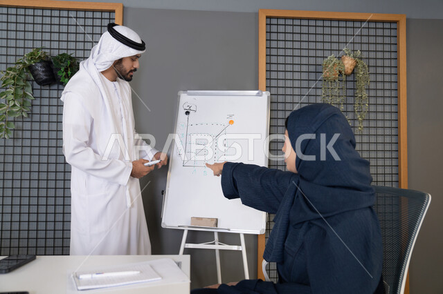 التعاون والتفاهم بين الزملاء ووضع الخطط الاستراتيجية لتحقيق الأهداف، استخدام السبورة لضمان فهم واضح وشامل للاعمال، عقد اجتماع داخل مقر الشركة، مجموعة من الموظفين العرب الخليجيين الاماراتيين يتعلمون اساليب العمل والتطوير المهني، روح الفريق الواحد والعمل الجماعي