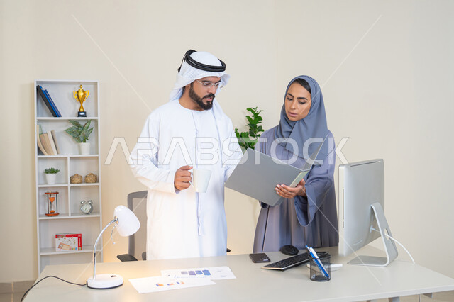 Discussion and understanding between employees, exchange of experiences and information to achieve goals, team spirit and teamwork, understanding and cooperation between colleagues and development of strategic plans, holding a meeting at the company headquarters, two Arab Gulf Emirati employees learning work methods and professional development