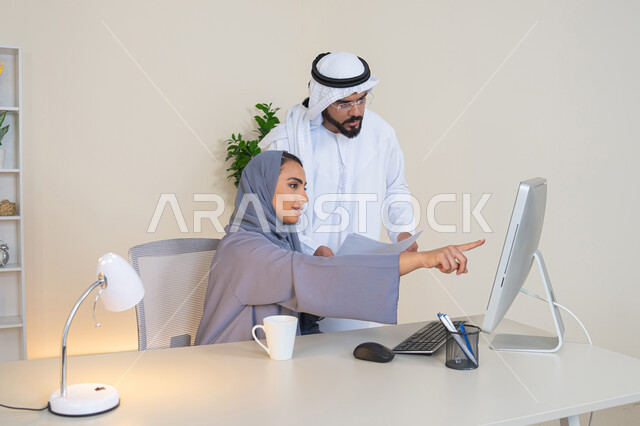 Two Emirati Gulf Arab employees learning work methods and professional development, pointing their index finger at the computer screen, exchanging experiences and information to achieve goals, team spirit and teamwork, understanding and cooperation between colleagues and developing strategic plans, holding a meeting at the company headquarters