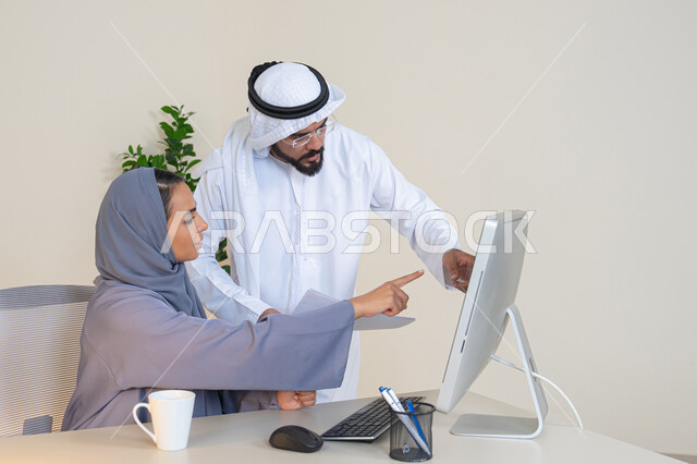 Pointing the index finger at the computer screen, exchanging experiences and information to achieve goals, team spirit and teamwork, understanding and cooperation between colleagues and developing strategic plans, holding a meeting at the company headquarters, two Arab Gulf Emirati employees learning work methods and professional development